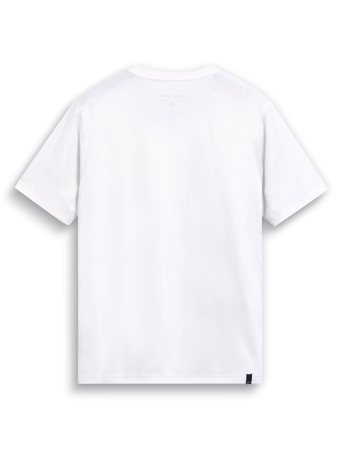 Alpinestars Elliptic CSF Tee, t-shirt de manga curta branca, vista traseira mostrando a impressão interna no pescoço e a etiqueta externa na bainha, casual sportswear
