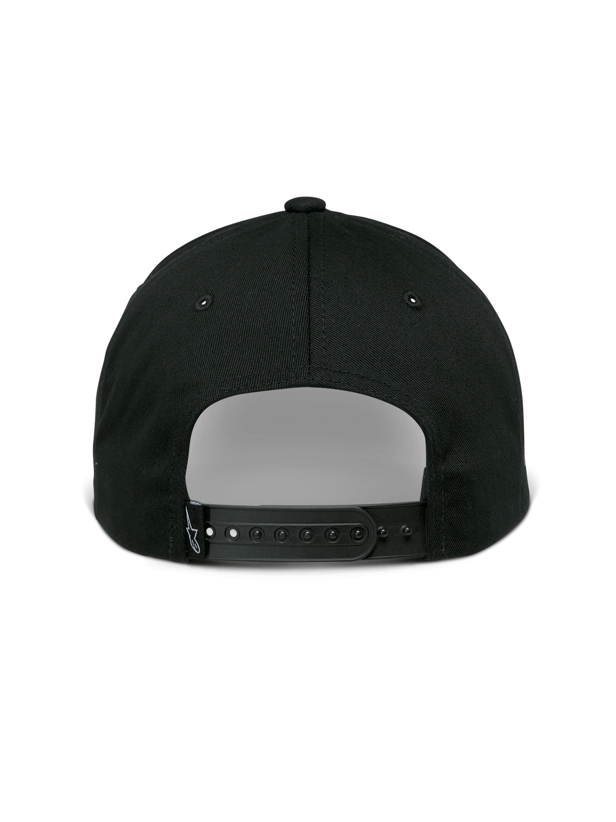 Alpinestars Sessionized Hat, Snapback Cap, Black, rear view featuring adjustable strap and small logo label, cotton twill, casual motorsport-inspired headwear