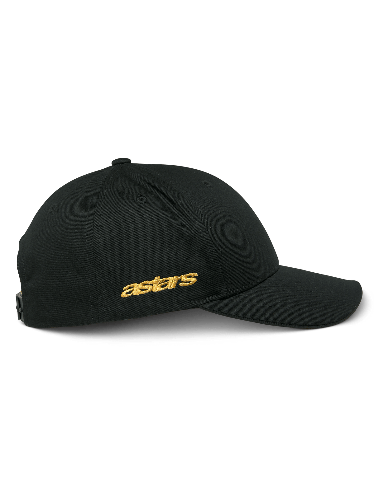Alpinestars Sessionized Hat, side view of black snapback cap, gold flat astars embroidery on the side, structured crown with curved bill, casual motorsport-inspired headwear