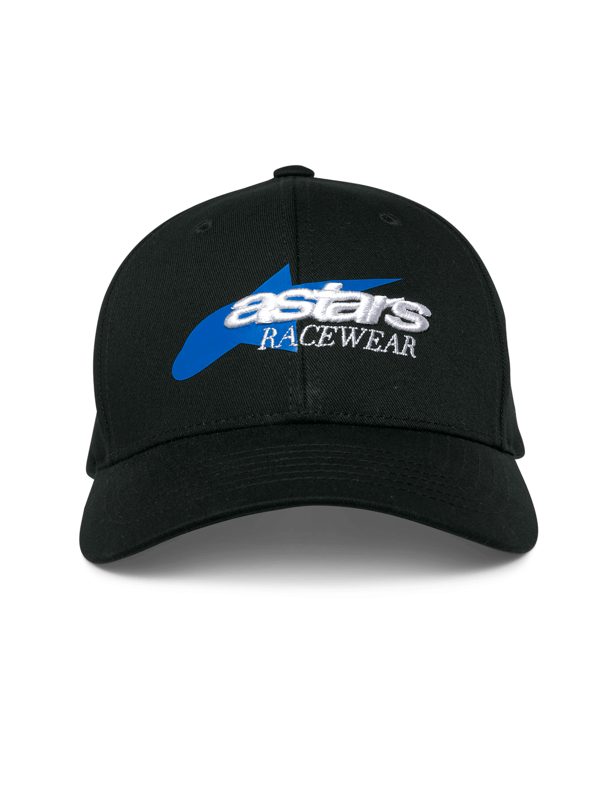 Alpinestars Profile Hat, Black baseball cap, featuring a blue star graphic with white 3D embroidered 'astars RACEWEAR' logo, structured crown and curved bill, casual motorsport headwear