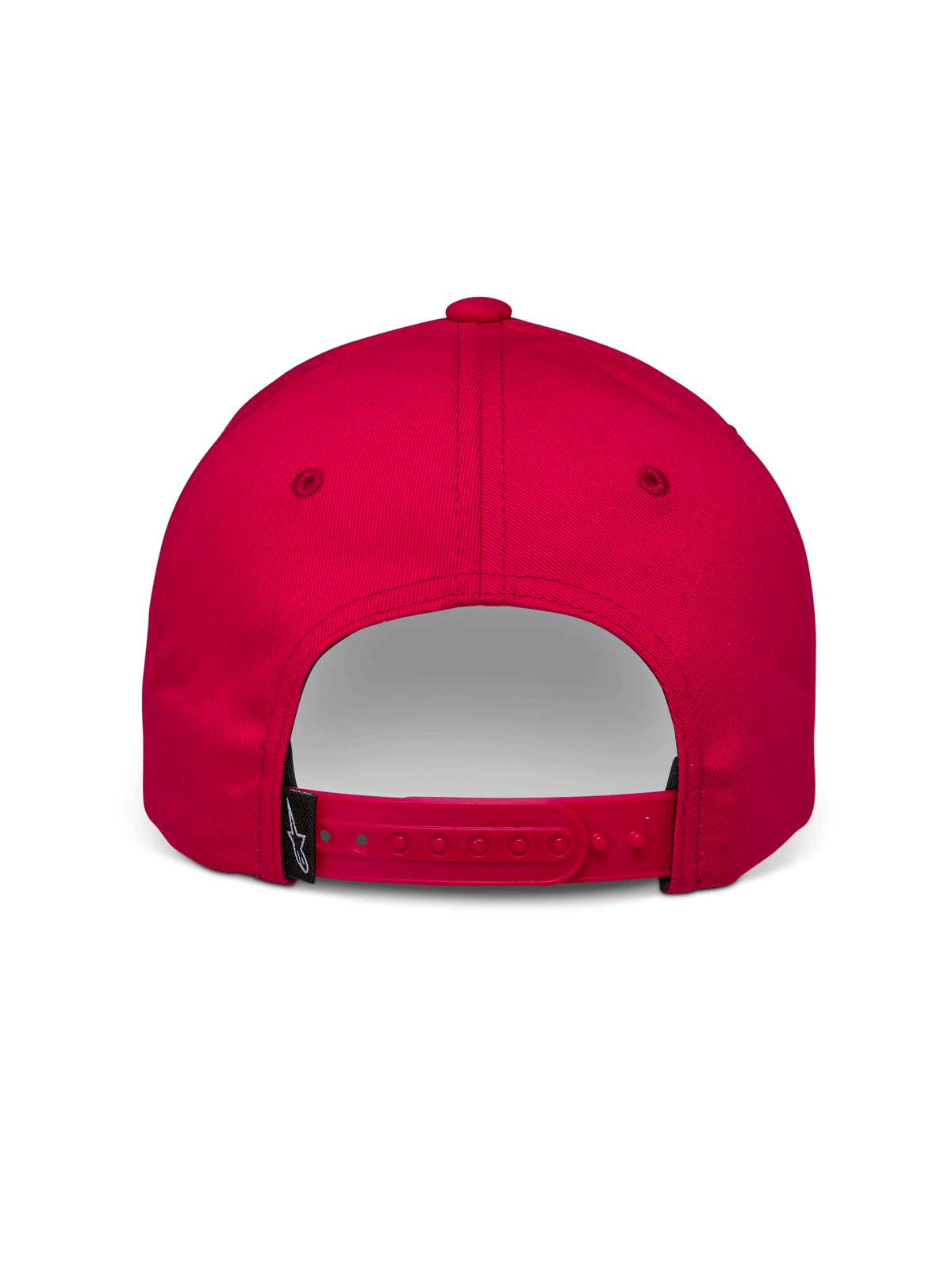 Boné Alpinestars Profile, boné snapback vermelho, vista traseira mostrando o fecho ajustável e pequena etiqueta preta com o logótipo Alpinestars, sarja de algodão, acessório casual de desporto motorizado