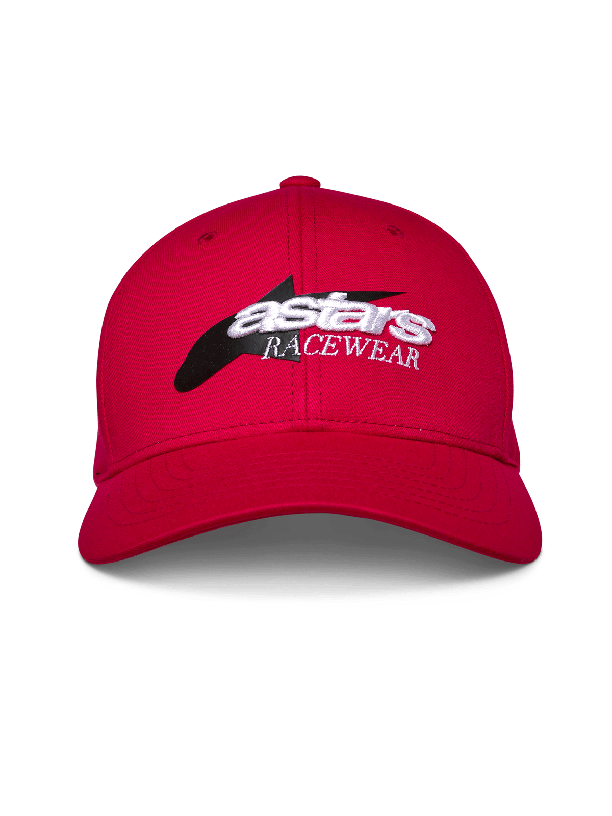 Boné Alpinestars Profile, vermelho, snapback de pala curva com coroa estruturada, logótipo frontal com gráfico de estrela preta e bordado 3D 'astars RACEWEAR' a branco, acessório casual de estilo de vida motorsport