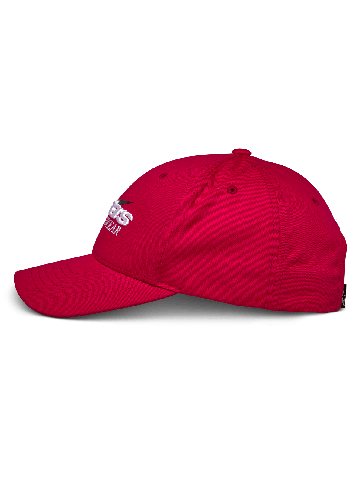 Boné Alpinestars Profile, perfil lateral vermelho, coroa estruturada com aba curva, sarja 100% algodão, logótipo bordado a branco e preto, acessório casual de motorsport
