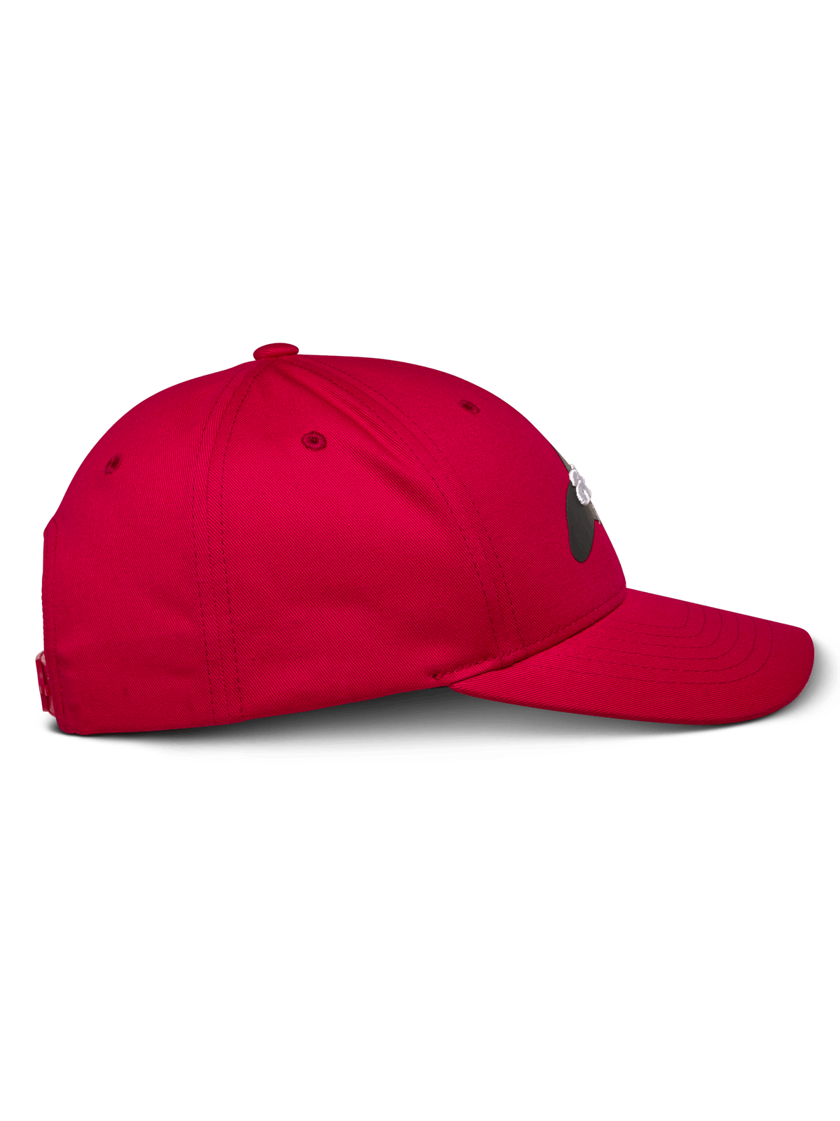 Alpinestars Profile Hat, vermelho, vista de perfil lateral, boné de basebol com coroa estruturada e aba curva, tecido de sarja de algodão, acessório de cabeça casual inspirado no desporto motorizado
