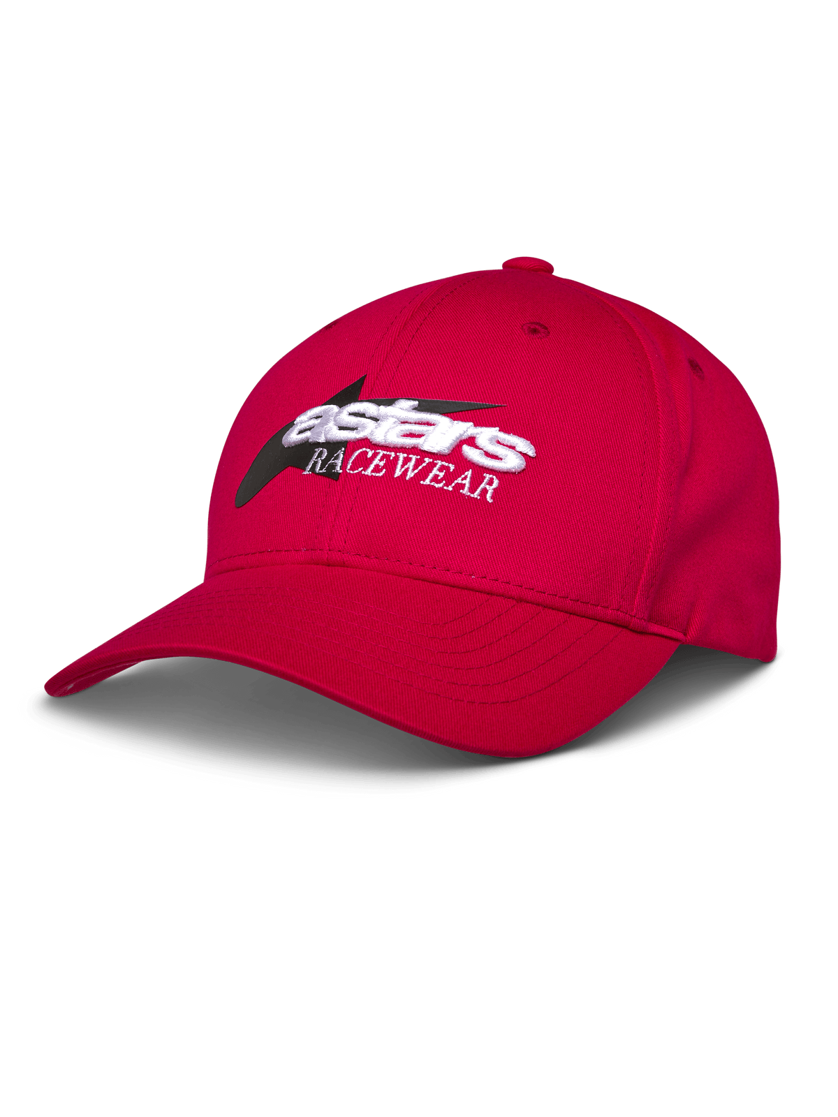 Alpinestars Profile Hat, boné de basebol vermelho, logótipo Astars RACEWEAR bordado a branco e preto, aba curva e coroa estruturada, streetwear casual de desportos motorizados
