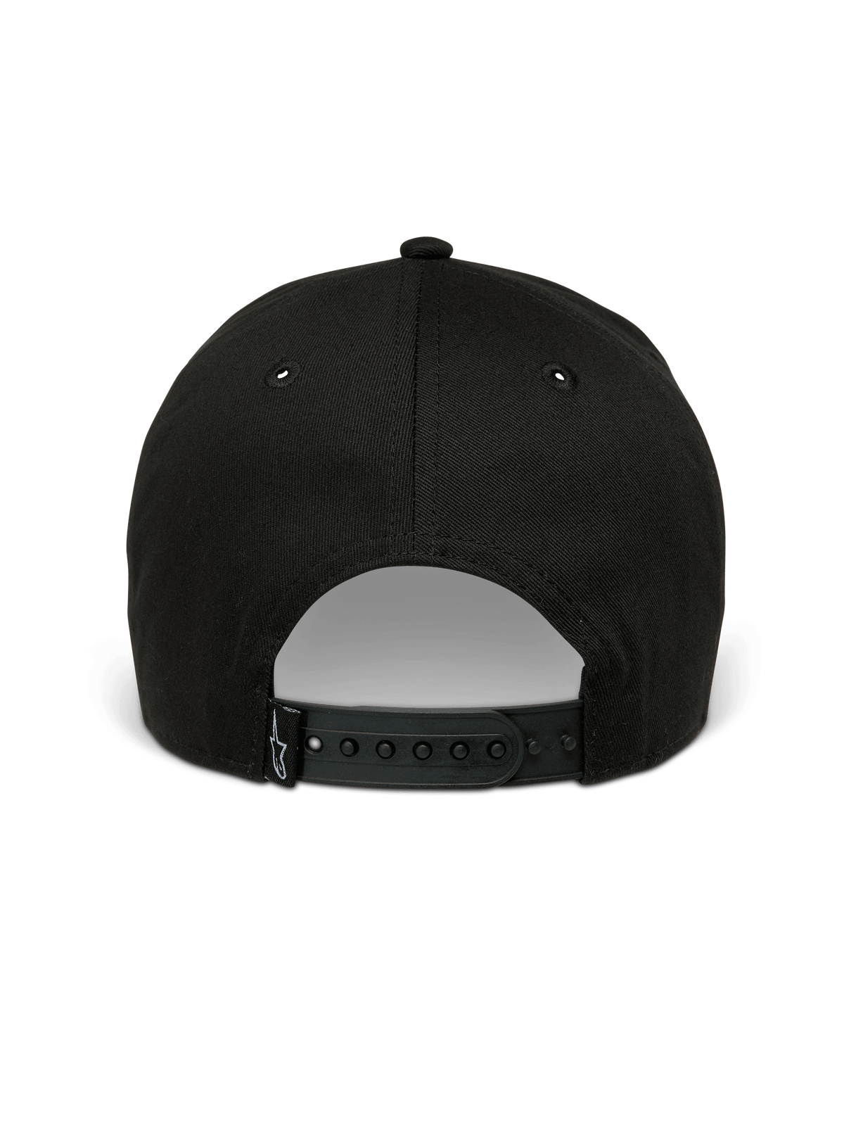 Boné Alpinestars Metal Logo, boné snapback, preto, vista traseira com fecho de pressão ajustável e pequena etiqueta tecida com logótipo, estilo casual inspirado no desporto motorizado