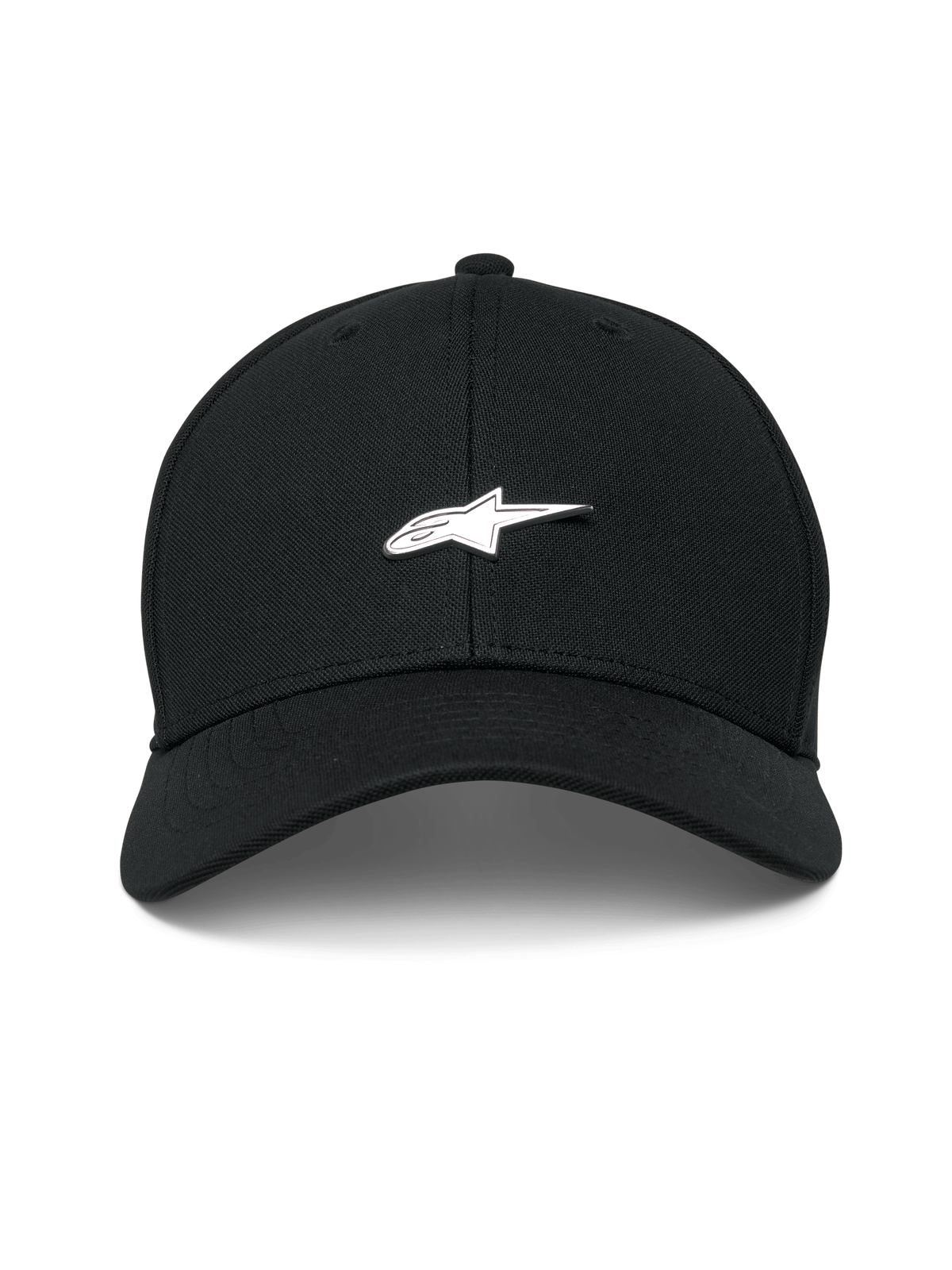 Boné Alpinestars Metal Logo, preto, boné de basebol estruturado com pala curva, emblema de logótipo em metal moldado 3D, tecido mini pique, casual motorsport streetwear