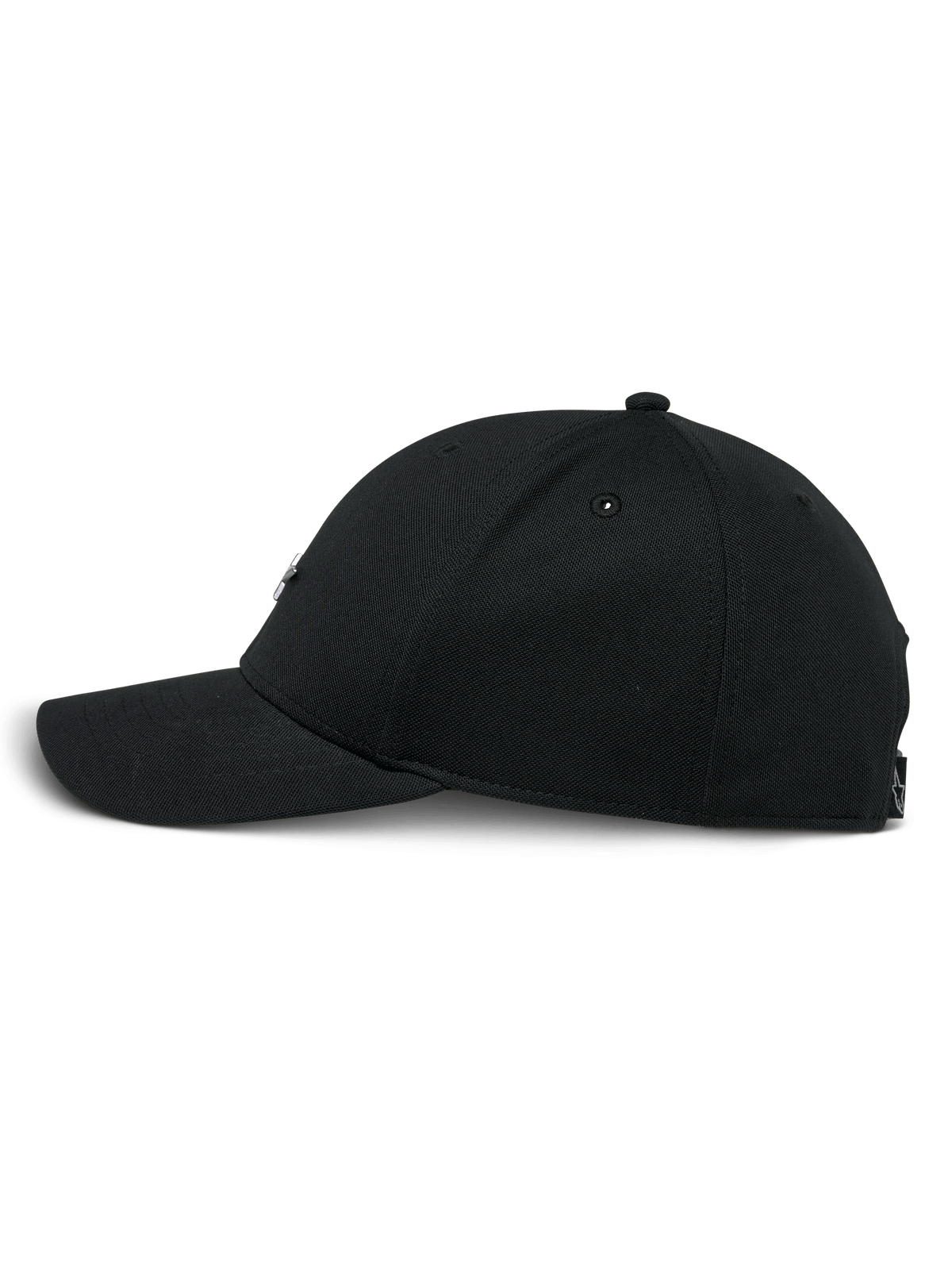 Alpinestars Metal Logo Hat, boné snapback preto, vista de perfil lateral, pala curva com coroa estruturada, tecido mini pique, streetwear casual inspirado no desporto motorizado