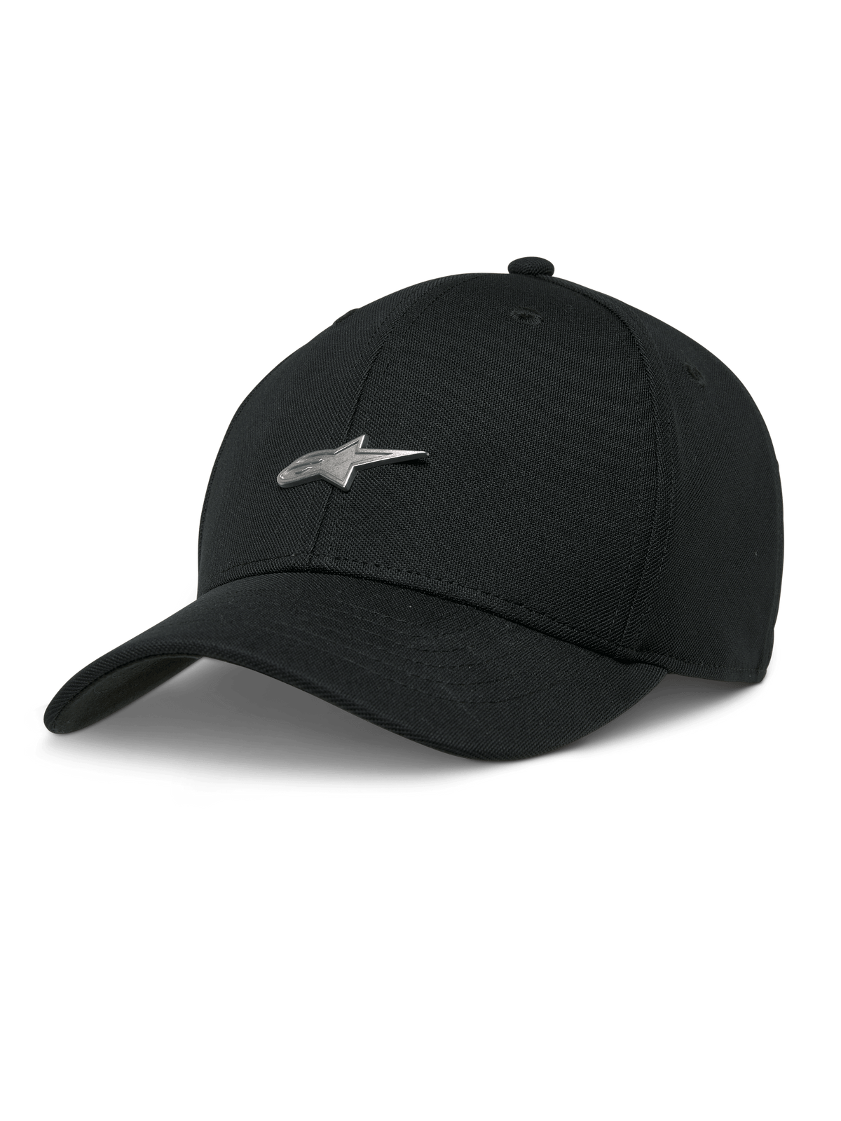 Alpinestars Metal Logo Hat, boné de basebol preto, logótipo de estrela em metal prateado 3D, aba curva, coroa estruturada, estilo casual motorsport