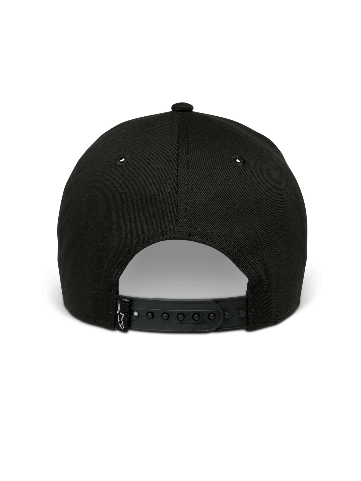 Alpinestars Canyon Hat, Black Snapback Hat, back view featuring adjustable snap closure and small woven Astars logo label, 100% cotton twill material, casual motorsport-inspired headwear