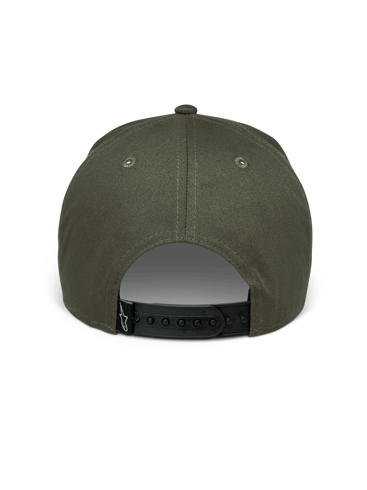 Boné Alpinestars Canyon, Verde Militar, vista traseira com fecho snapback preto ajustável, coroa estruturada em tecido de sarja de algodão, pequena etiqueta tecida preta com logótipo Astars branco, acessório casual de desportos motorizados