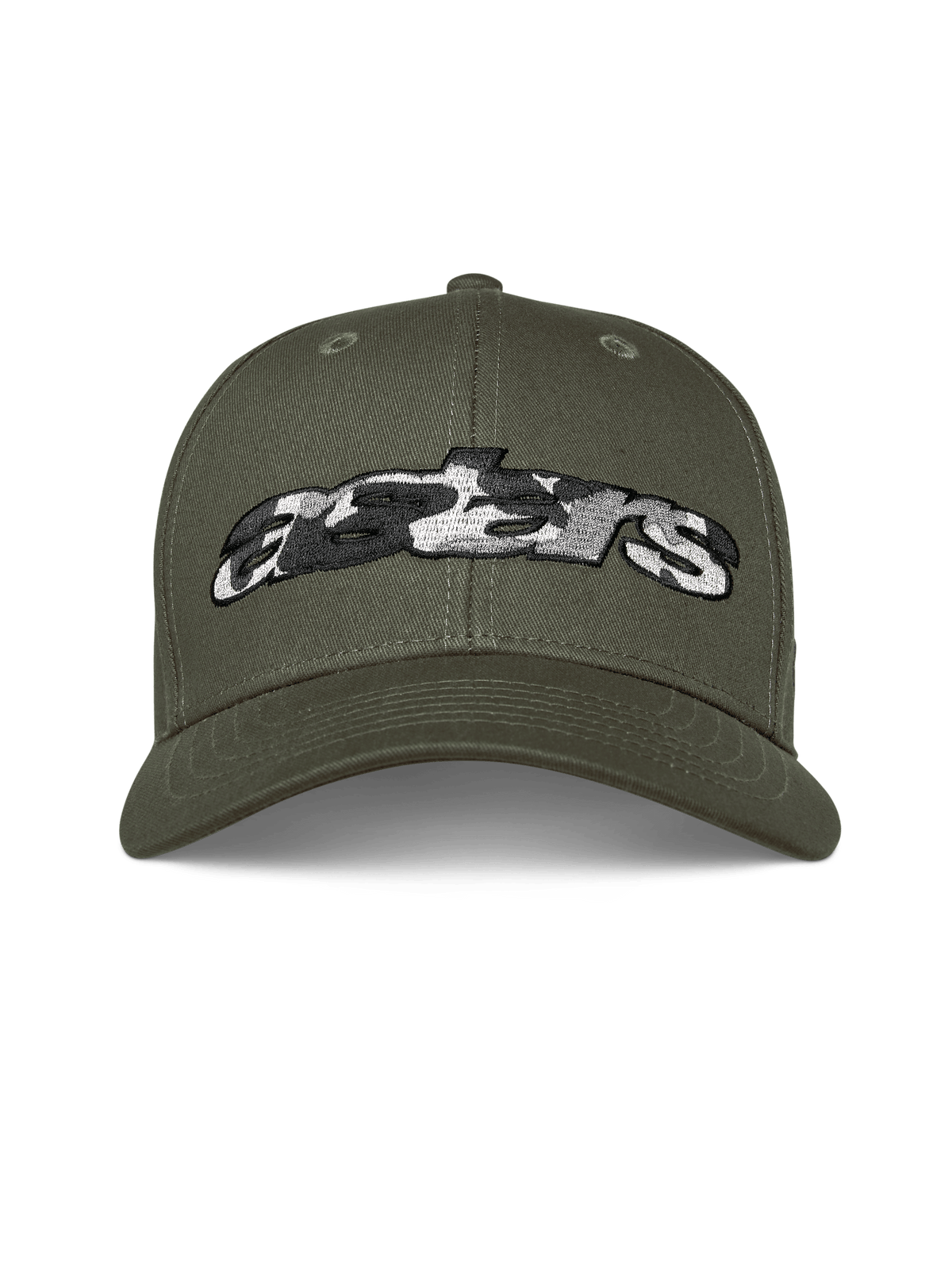 Chapéu Alpinestars Canyon, verde militar, boné snapback de aba curva, logótipo Astars bordado na frente com preenchimento camuflado, streetwear casual de desportos motorizados