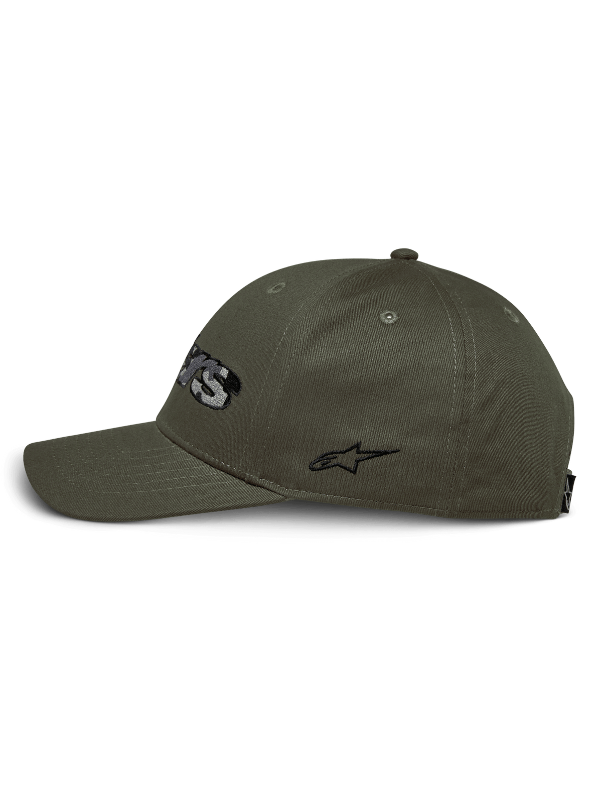 Alpinestars Canyon Hat, vista lateral, verde militar, aba curva com coroa estruturada, tecido de sarja de algodão, com logótipo lateral bordado a preto, casual motorsport streetwear