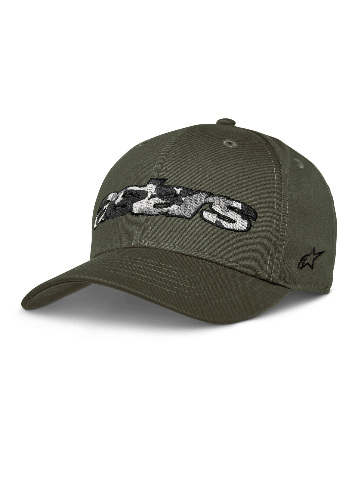 Alpinestars Canyon Hat, boné de basebol verde militar, coroa estruturada com pala curva, logótipo Astars grande com preenchimento camuflado na frente, bordado de estrela na lateral, estilo casual motorsport