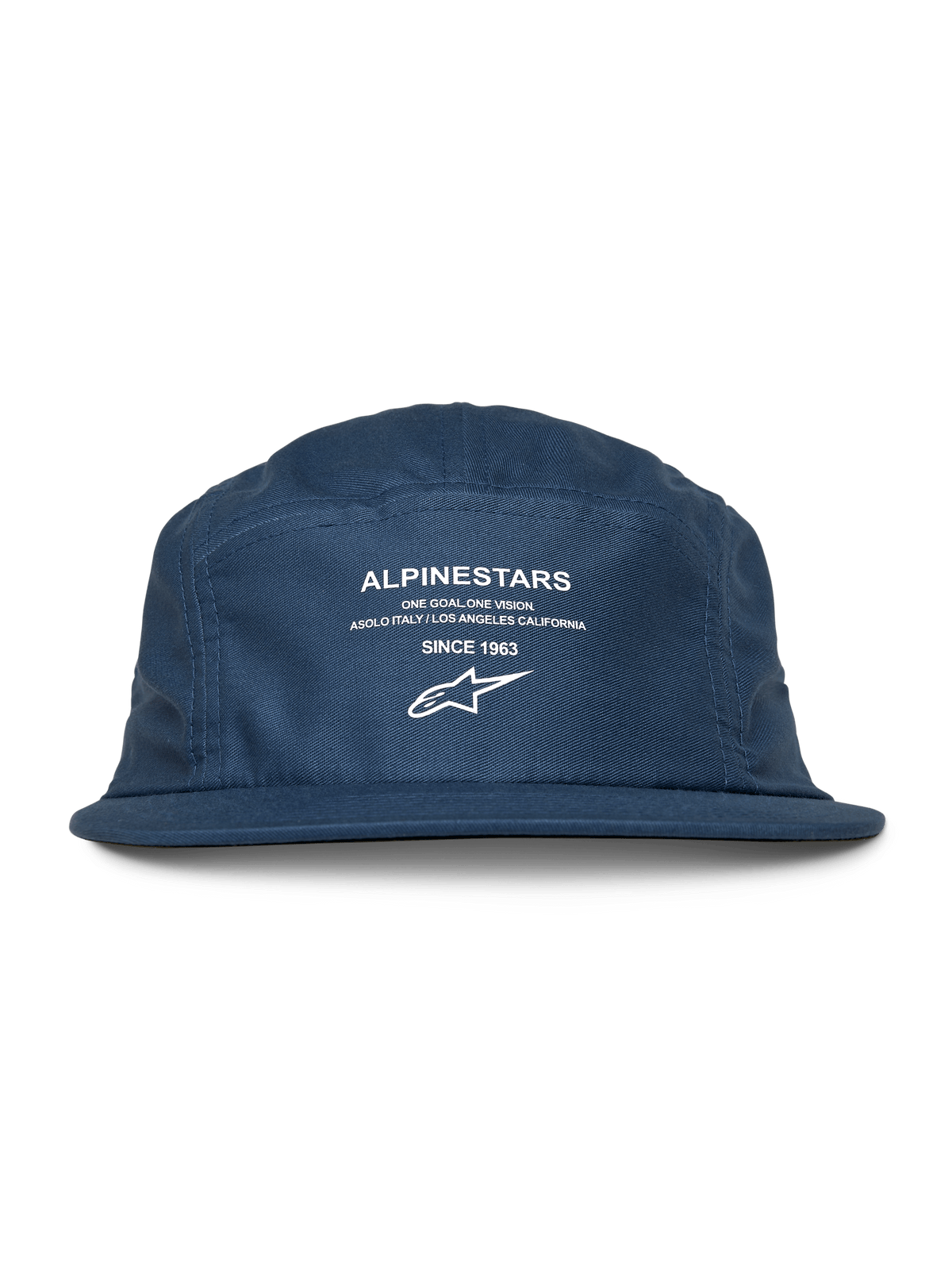 Alpinestars Peasy Hat, boné jockey de 5 painéis, azul, pala plana com coroa não estruturada, gráfico frontal branco com logótipo e texto 'Since 1963', boné casual inspirado no desporto motorizado