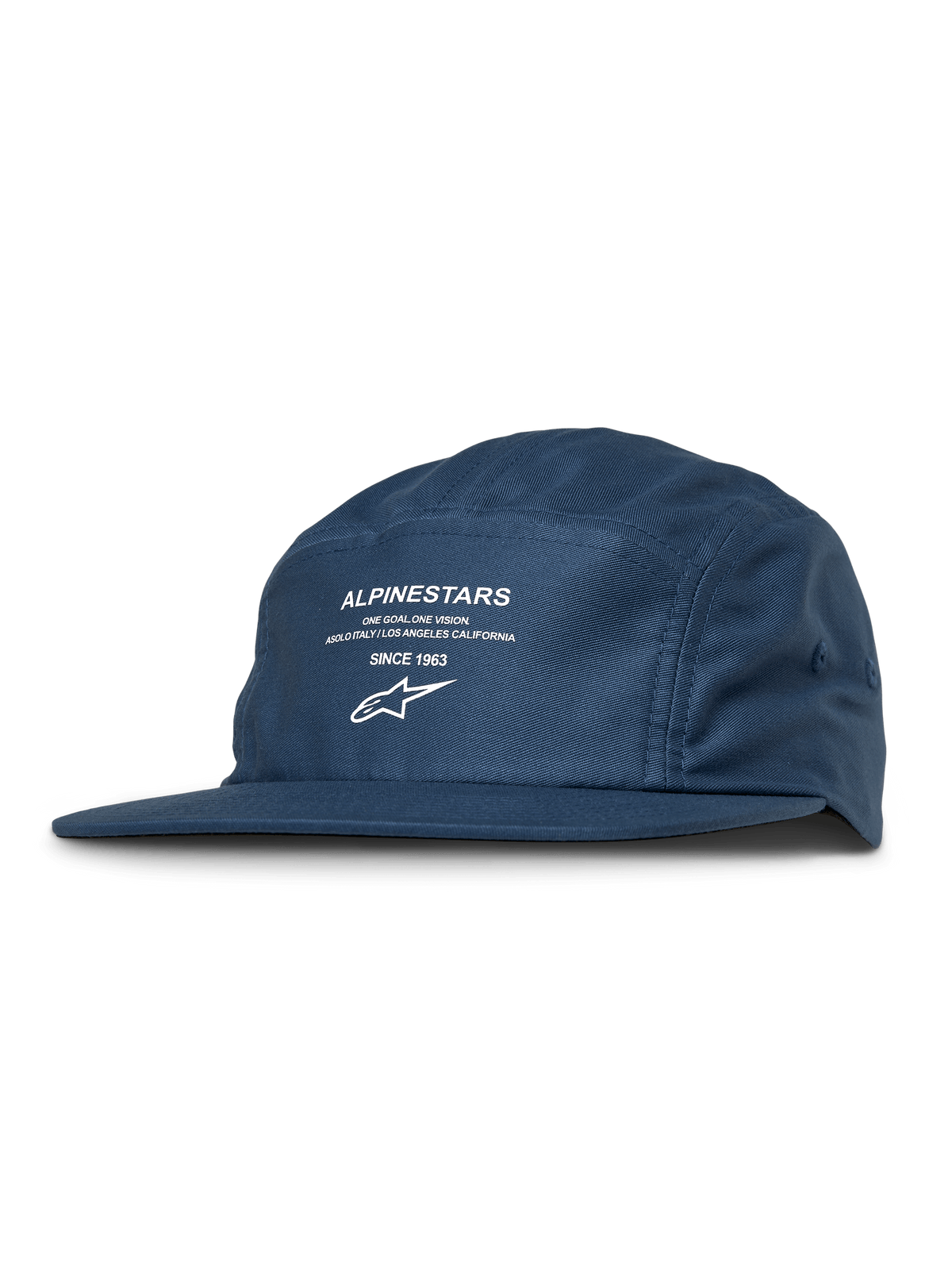 Alpinestars Peasy Hat, boné jockey de 5 painéis azul, impressão gráfica branca com logótipo e texto na frente, pala plana, coroa não estruturada, estilo casual motorsport
