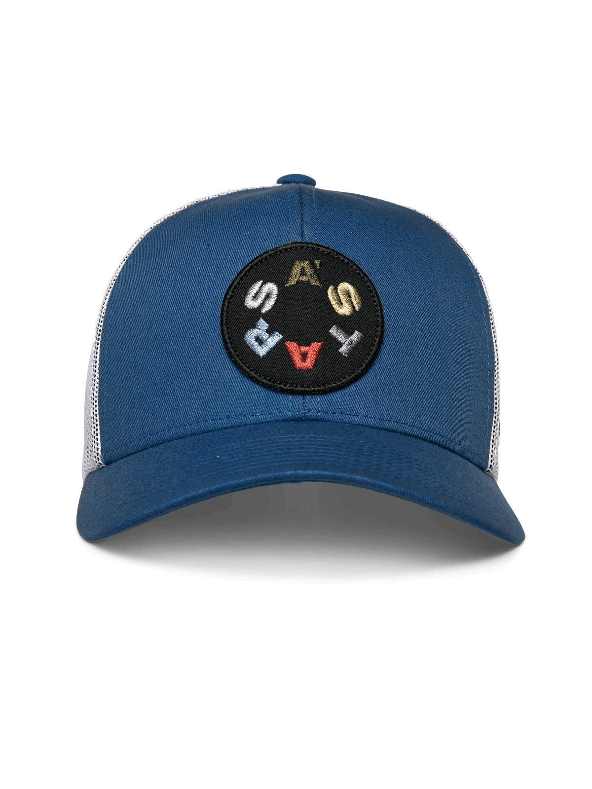 Alpinestars Gambit Trucker Hat, Blue and White, blue structured crown with curved bill and white mesh back, featuring a circular black patch with multi-colored ASTARS lettering, casual motorsport headwear