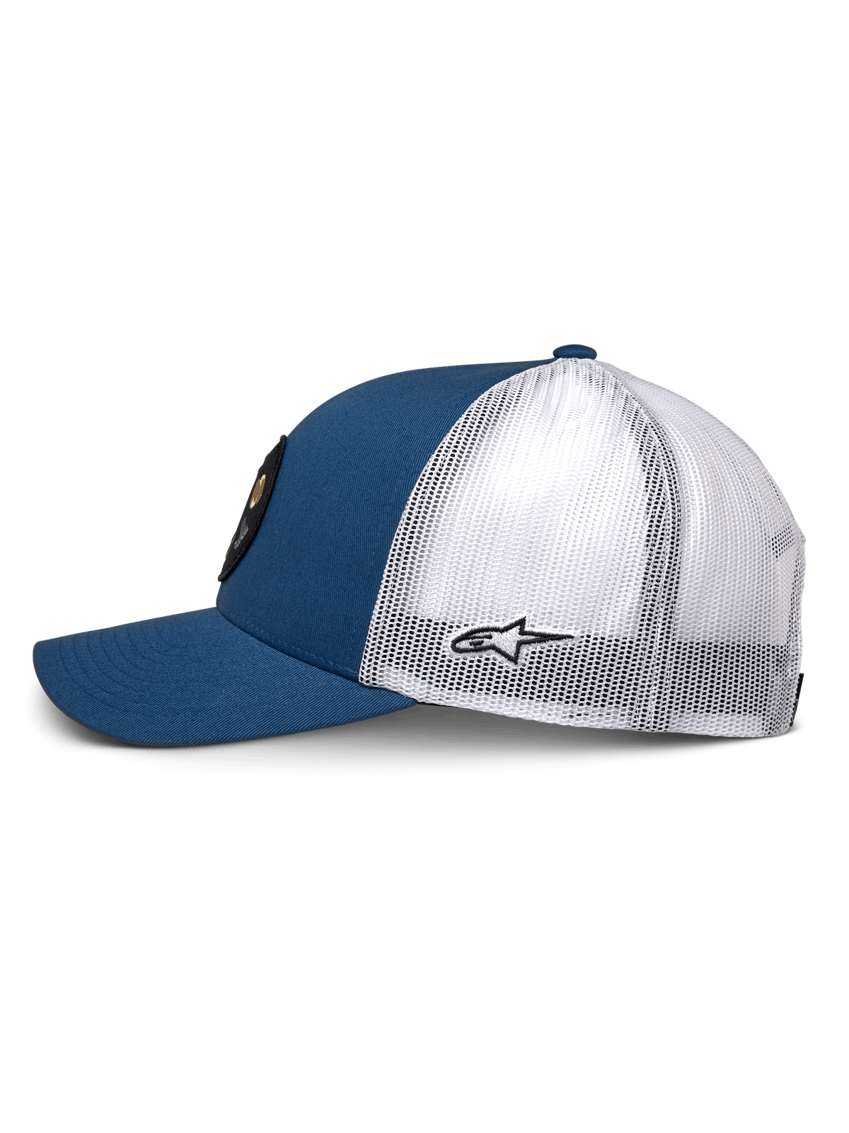 Alpinestars Gambit Trucker Hat, Blue and White, side view featuring blue twill front and bill with white poly mesh back, small black Astar logo on side, structured crown
