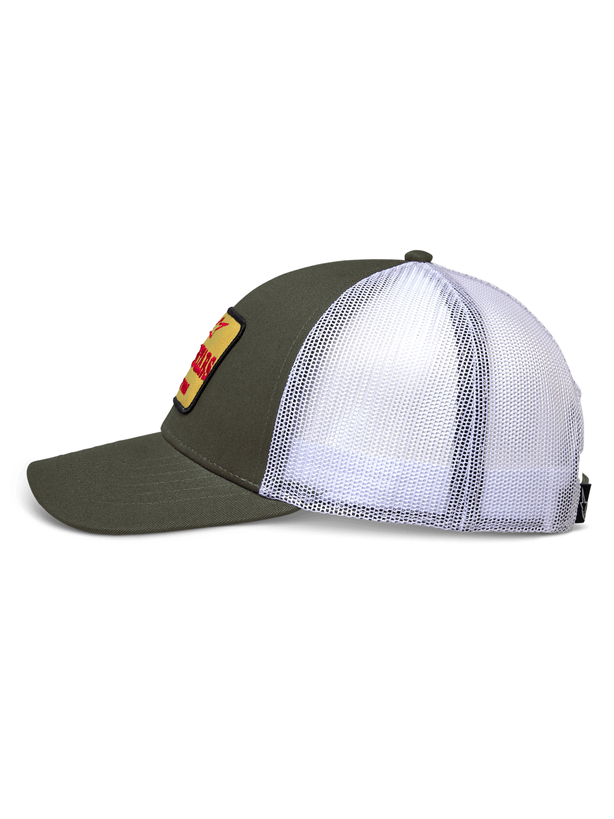 Alpinestars Hardware Trucker Hat, Side View, Military Green Twill Front and White Mesh Back, Yellow Embroidered Patch with Red Branding, Structured Crown with Curved Bill, Casual Motorsport Sportswear