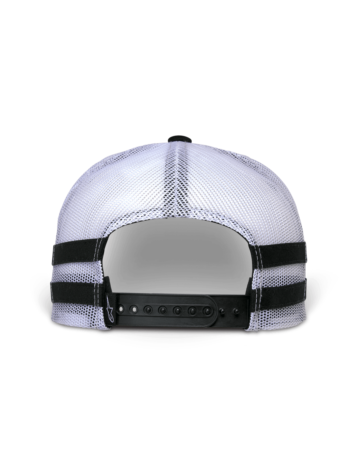 Alpinestars Backline Trucker Hat, vista traseira, costas em malha branca com fecho de pressão preto, riscas pretas horizontais aplicadas nas laterais, estilo casual motorsport streetwear