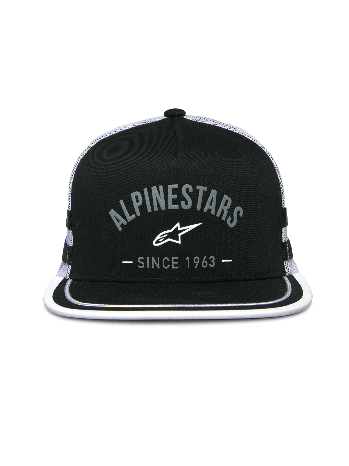 Alpinestars Backline Trucker Hat, boné tipo trucker, preto e branco, logótipo frontal com 'Alpinestars Since 1963', pala plana com contorno branco, copa estruturada e rede na parte de trás