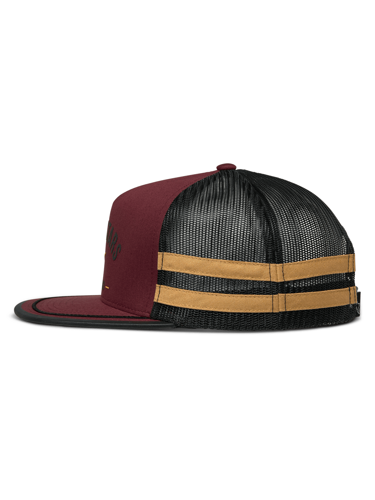 Alpinestars Backline Trucker Hat, side profile view, Brick Black and Mustard, maroon twill front with black mesh back, featuring mustard horizontal stripes on the side, flat bill with black edge trim, casual motorsport-inspired snapback