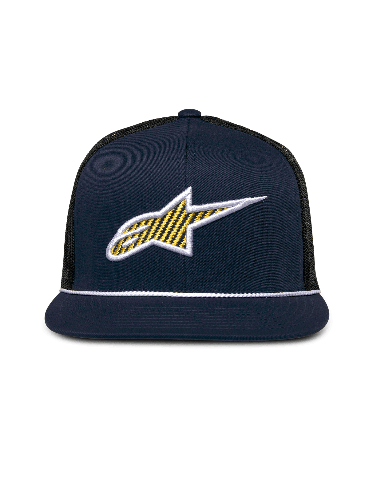 Alpinestars Orion Trucker Hat, Navy Blue and Black, Front 3D Ageless logo with yellow pattern fill and white border, flat bill with white rope trim, structured crown and black mesh back, casual motorsport headwear