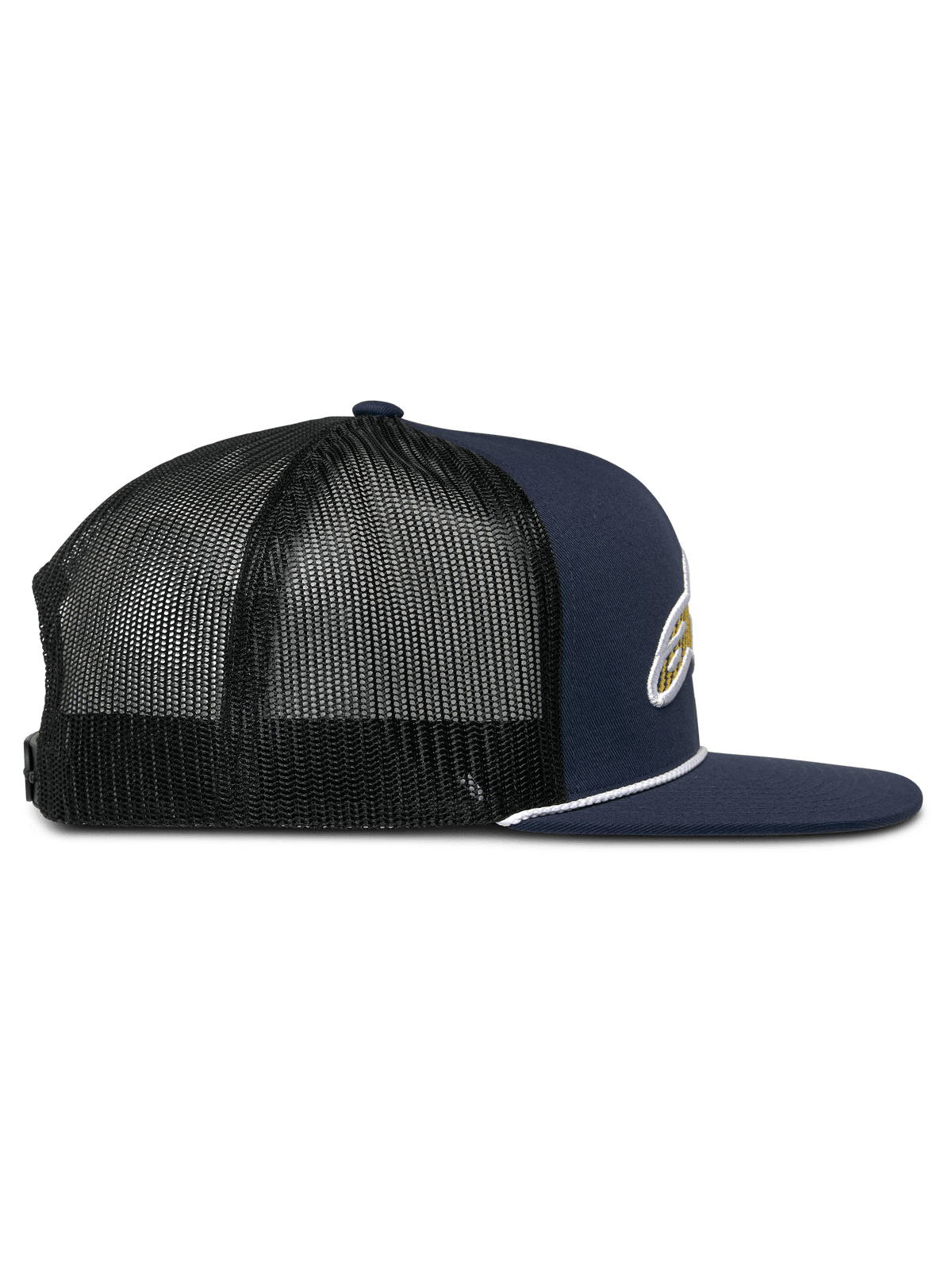 Alpinestars Orion Trucker Hat, side profile view, Navy Blue twill front with Black mesh back, flat bill featuring white rope trim, structured crown, casual motorsport headwear
