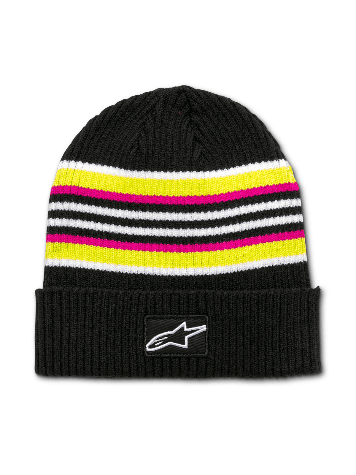 Alpinestars Bolted Cuff Beanie, gorro de malha unissexo, preto com riscas horizontais brancas, amarelas e rosa, textura canelada, banda preta com patch de estrela branca