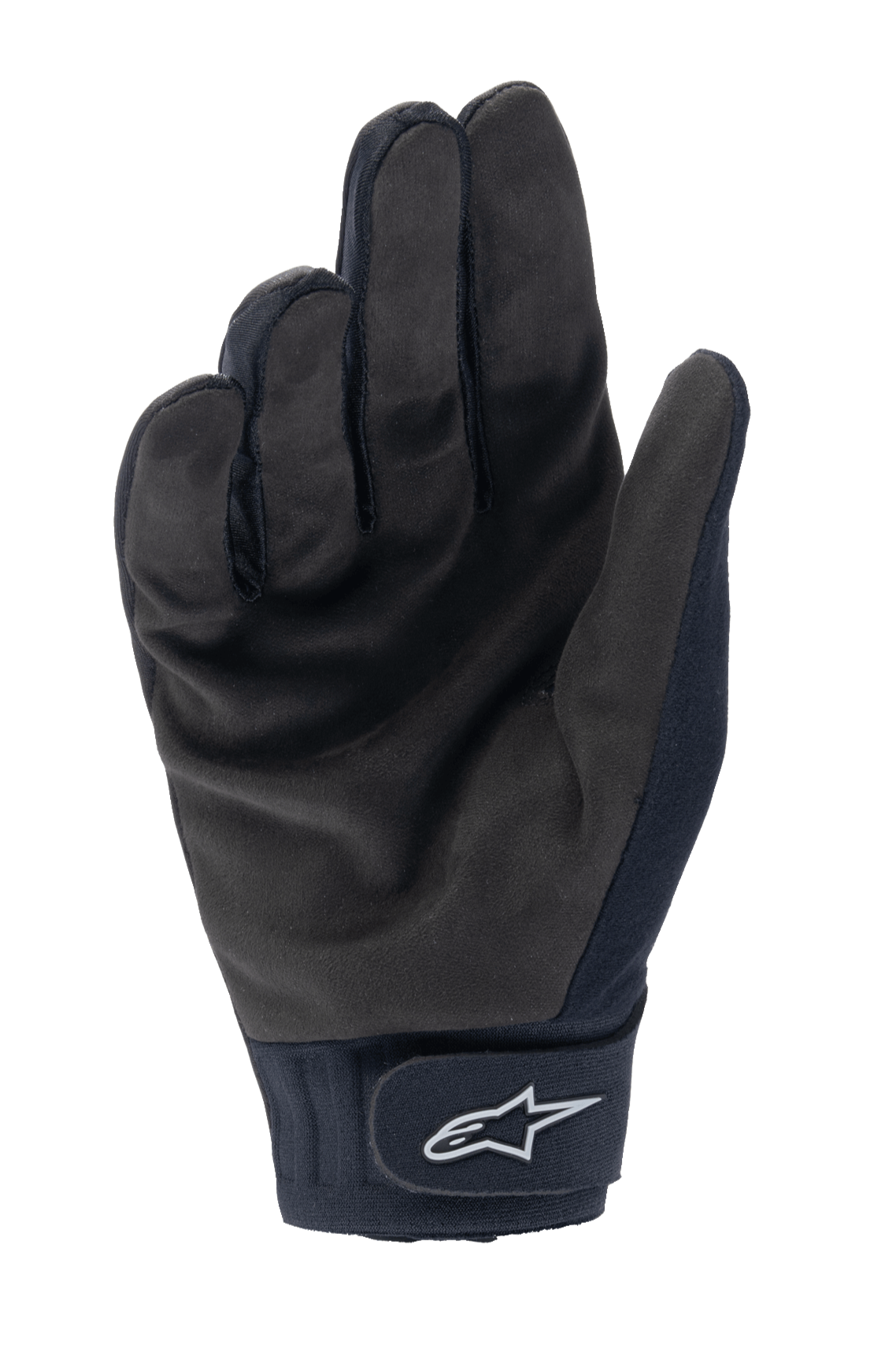 Luvas Térmicas Alpinestars A-Dura, luvas de ciclismo MTB pretas, vista da palma mostrando camurça sintética durável e fecho de pulso com gancho e laço com logótipo Alpinestars branco, equipamento térmico de ciclismo para o tempo frio