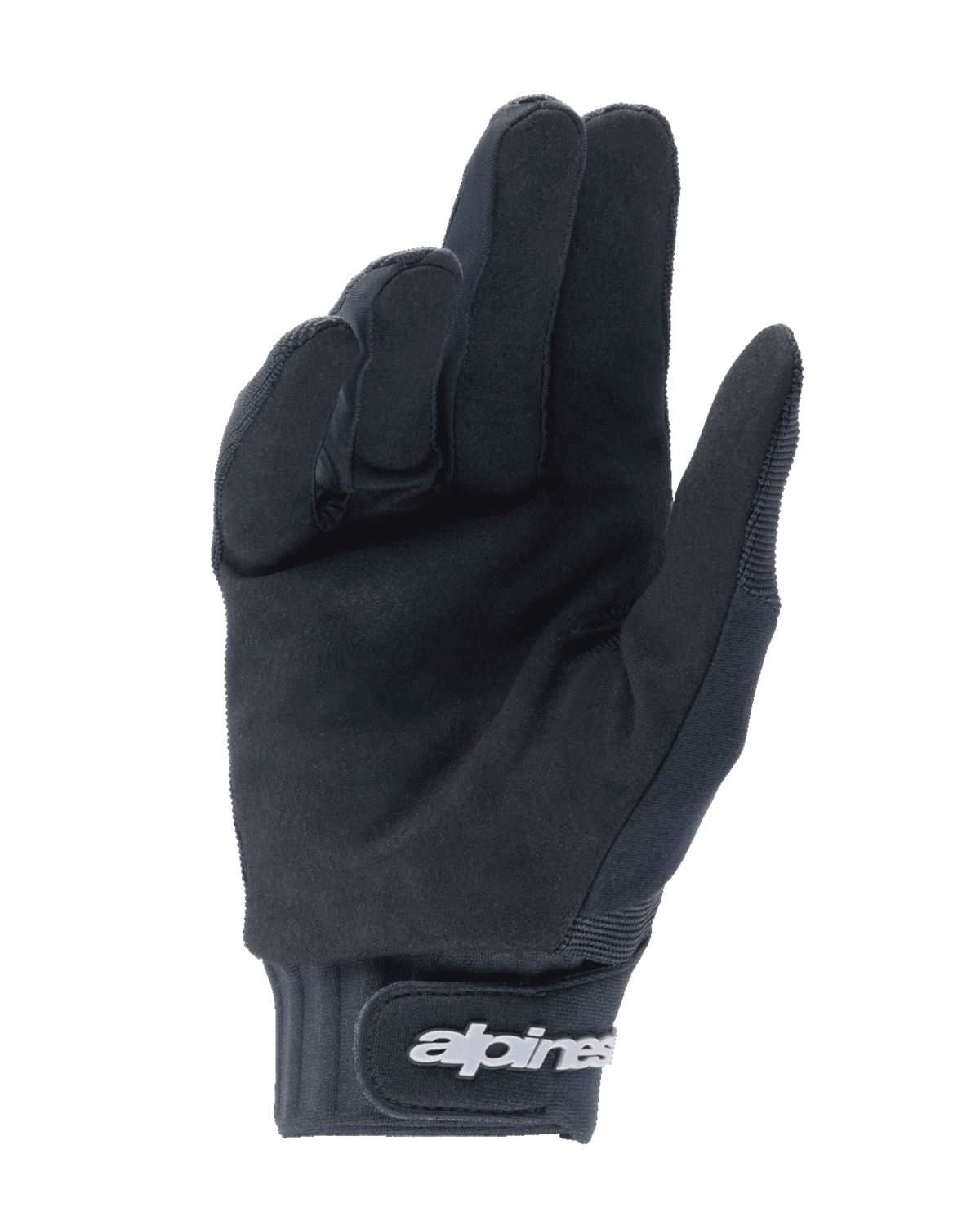 Luvas Youth A-Dura da Alpinestars, pretas, vista da palma mostrando o material em camurça sintética para aderência, punho em neoprene com tira de ajuste em gancho e laço e logótipo branco, concebidas para mountain bike e ciclismo fora de estrada para jovens.