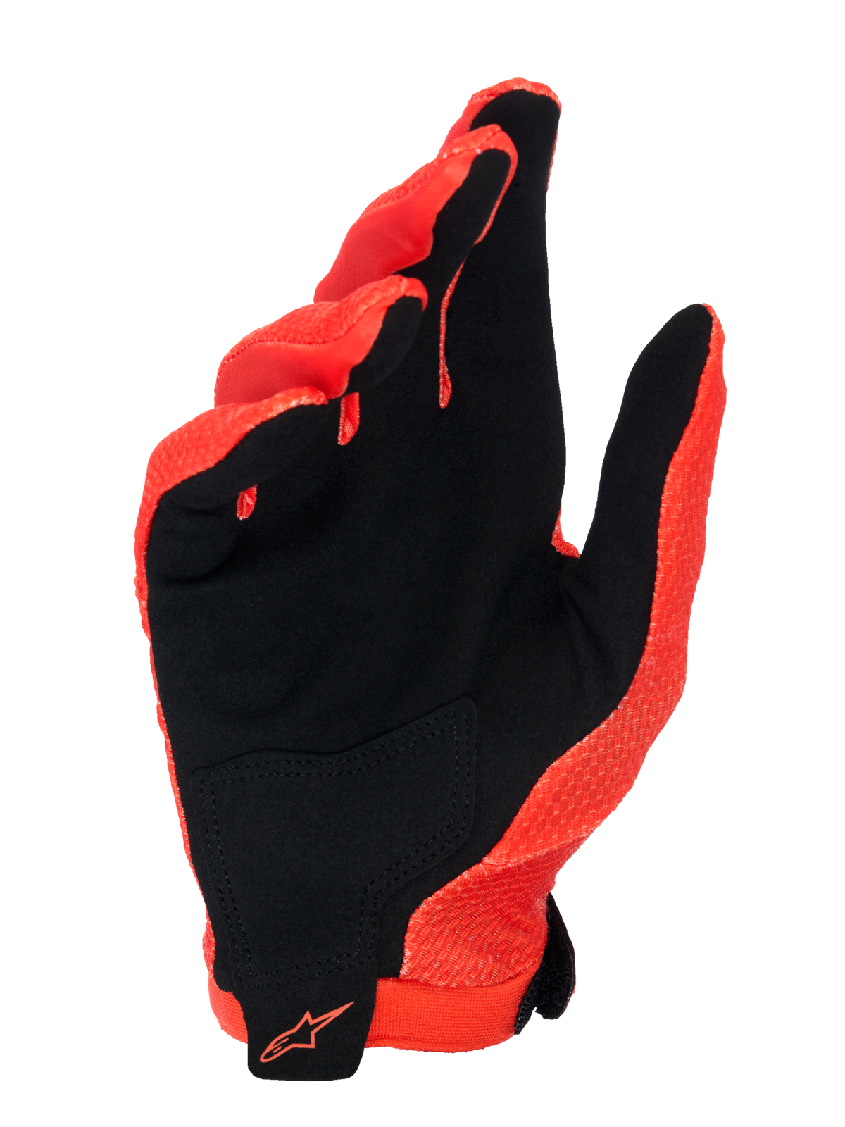 Luvas Alpinestars A-Aria, Laranja Spicy e preto, vista da palma apresentando material em camurça sintética com um reforço preto, logótipo Alpinestars laranja no pulso, design leve e ventilado para BTT e ciclismo fora de estrada