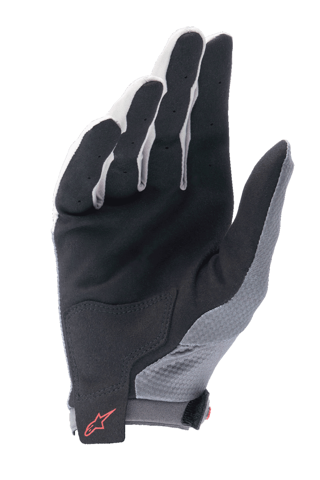 Luvas Alpinestars A-Aria, cinzento escuro e preto, vista da palma de uma luva de ciclismo leve com palma em camurça sintética preta, reforço na parte inferior da palma, dedos ventilados e logótipo Alpinestars vermelho na tira de pulso com fecho de gancho e laço