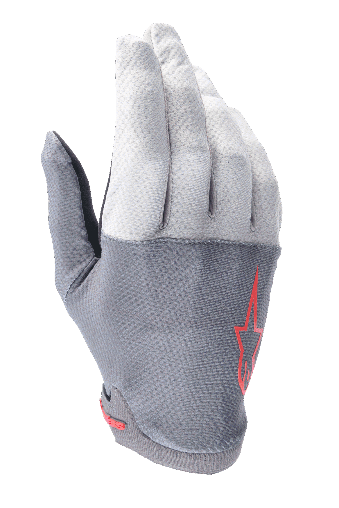 Luvas Alpinestars A-Aria, luvas de ciclismo MTB, cinzento escuro e cinzento claro com detalhes vermelhos, logótipo de estrela vermelho, tecido elástico ventilado e construção leve e flexível