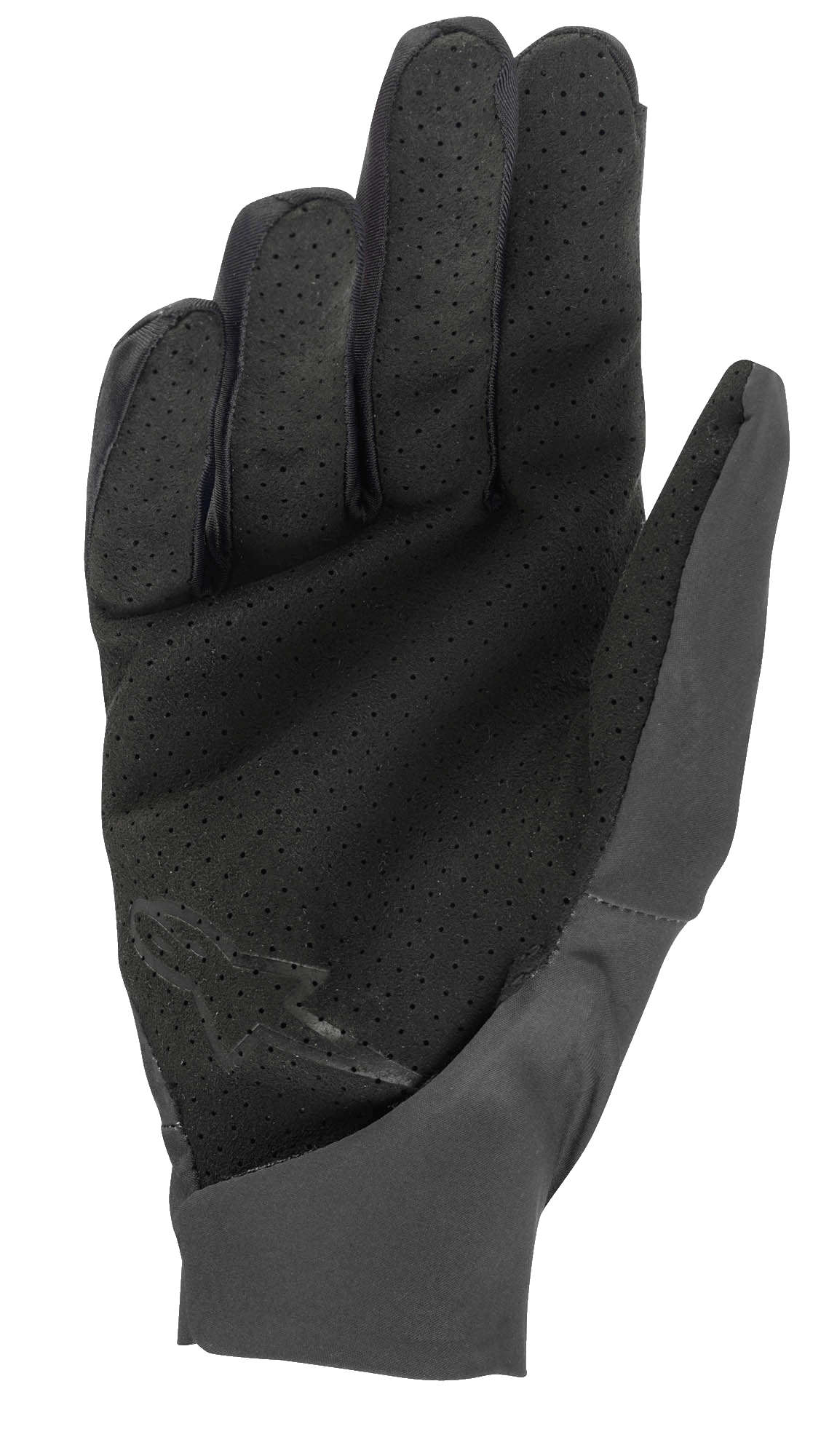 Alpinestars Drop 4.0 Gloves, luvas pretas, vista da palma com material perfurado para ventilação, construção slim-fit em tecido elástico leve, logótipo subtil na base da palma, concebidas para a prática de enduro e MTB