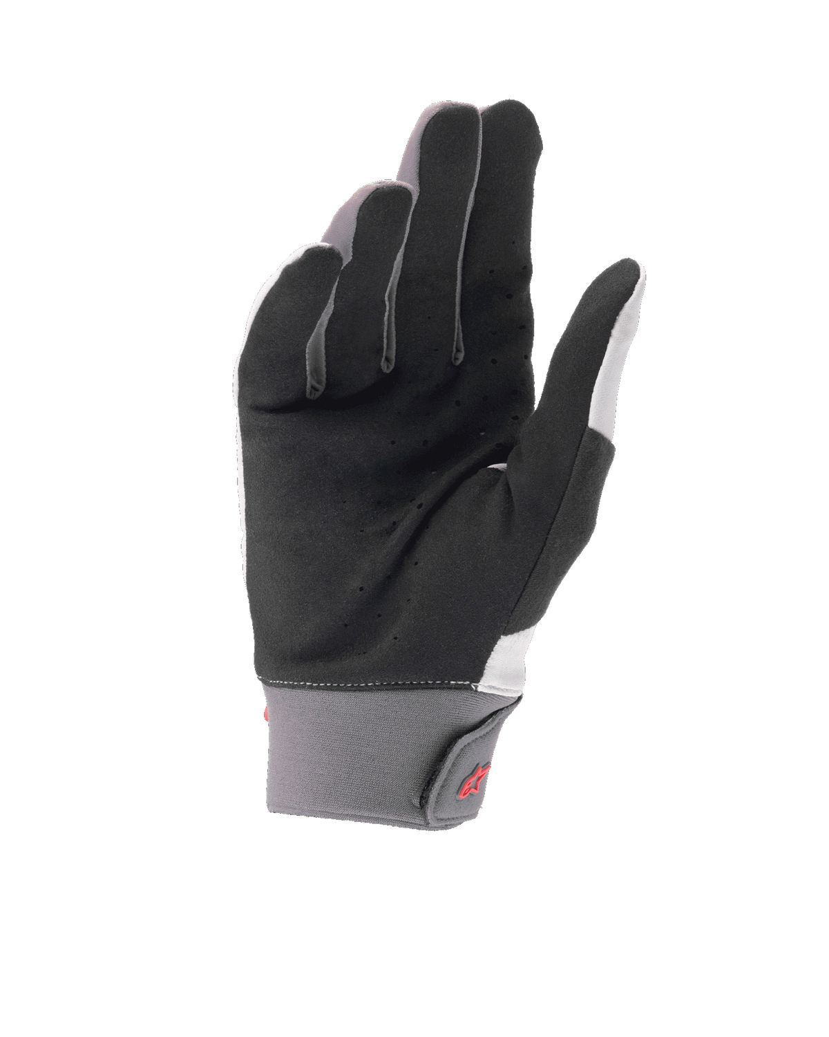Luvas Alpinestars A-Supra Shield, luvas de mountain bike cinzento claro, vista da palma mostrando camurça sintética preta perfurada para ventilação, punho de neoprene cinzento com fecho de gancho e laço e logótipo vermelho
