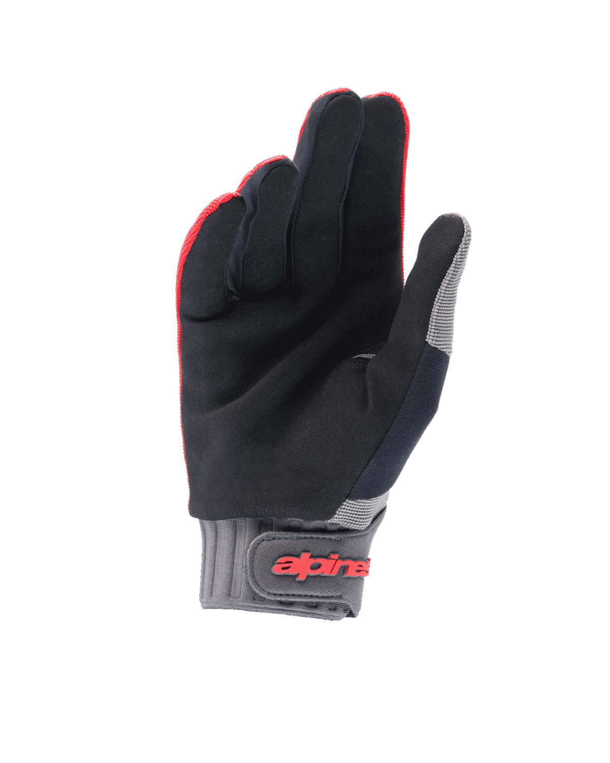 Alpinestars A-Dura Gloves, Mountain Bike Gloves, Red Fluo and Black, palm view featuring synthetic suede for grip, grey neoprene cuff with hook-and-loop closure and red branding, off-road cycling gear