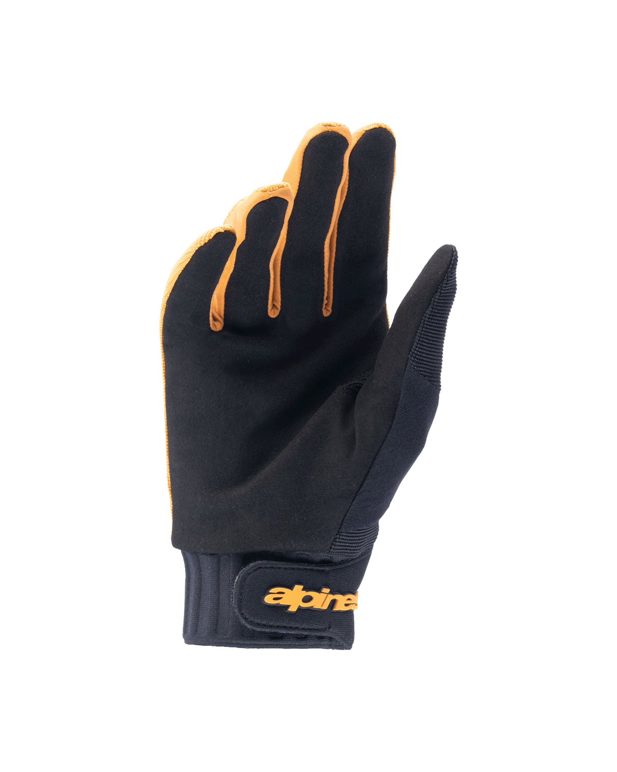 Luvas Alpinestars A-Dura, luvas de bicicleta de montanha, dourado escuro e preto, vista da palma apresentando material em camurça sintética, punho de neoprene com tira de pulso em gancho e laço dourada, concebidas para aderência e mobilidade no ciclismo.