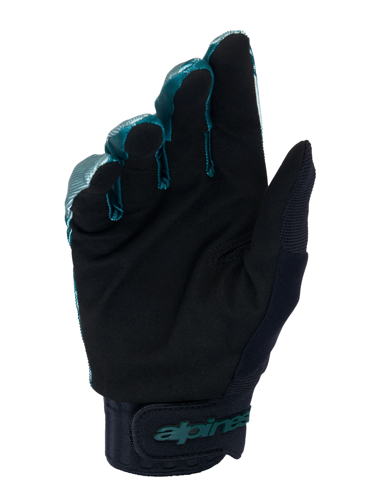 Luvas Alpinestars A-Dura, luvas de ciclismo BTT, verde camuflado e preto, vista da palma em material de camurça sintética preta, punho de neoprene com tira ajustável de gancho e laço, logótipo Alpinestars em azul-petróleo, equipamento profissional para todo-o-terreno