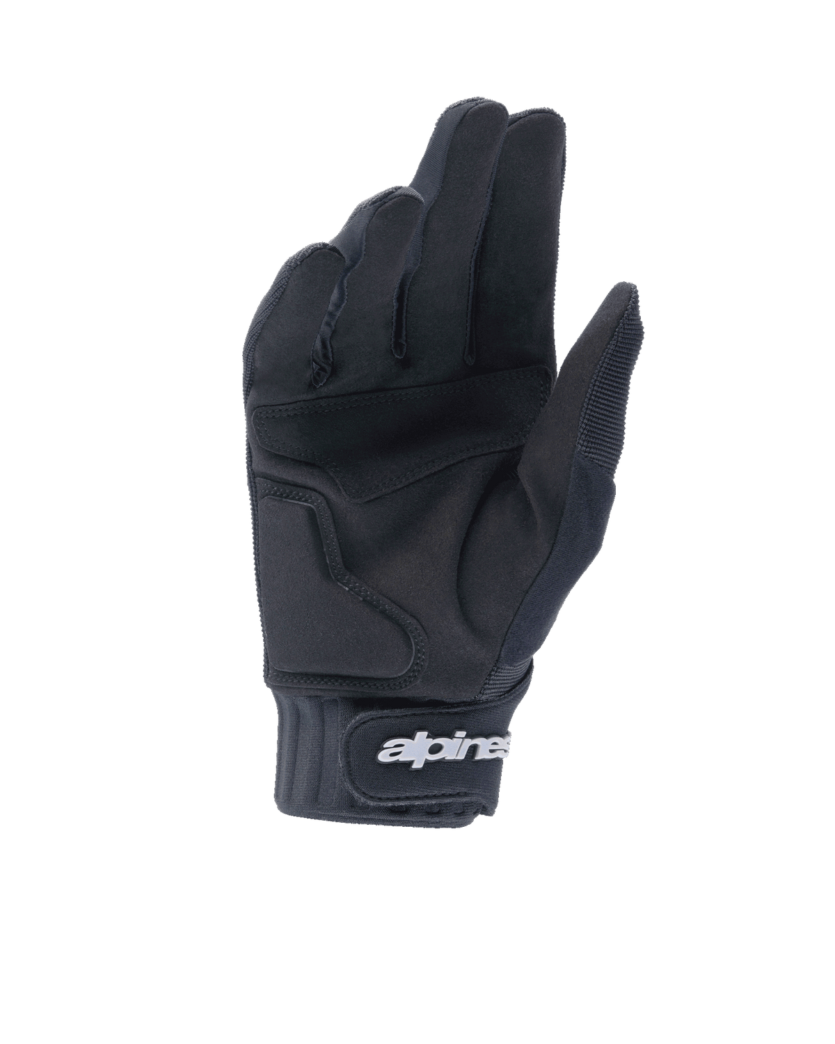 Luvas Alpinestars A-Dura Gel, luvas pretas de mountain bike, vista da palma mostrando a construção em camurça sintética e o acolchoamento em gel, punho em neoprene com fecho de gancho e laço com a marca Alpinestars a branco, equipamento de ciclismo ergonómico para trail e enduro