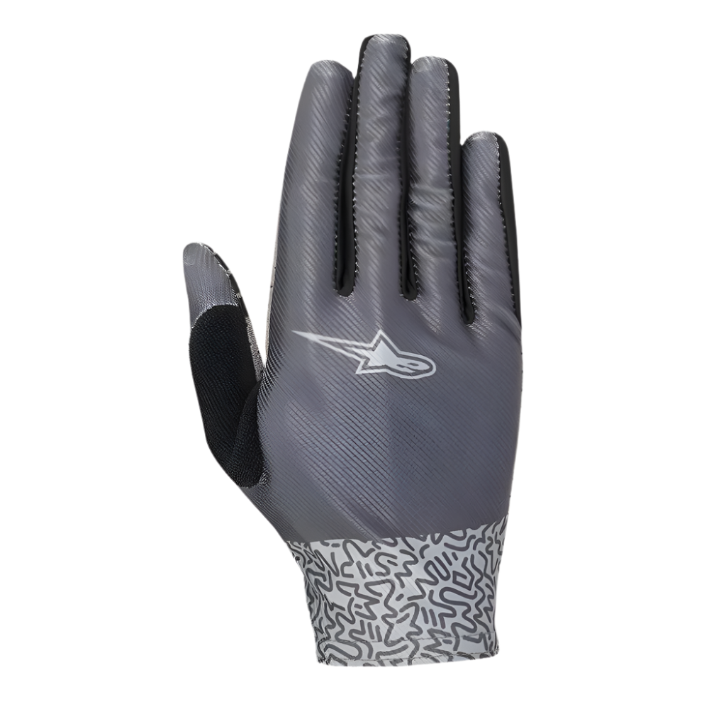 Luvas Stella Alderex Pro Femininas Alpinestars, luvas de ciclismo cinzento antracite, vista do dorso apresentando um logótipo Alpinestars branco, parte superior em malha com textura diagonal e punho com padrão