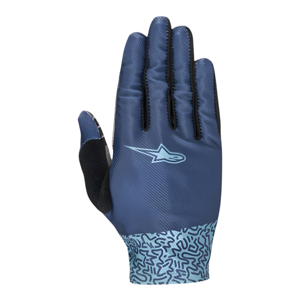 Alpinestars Women Stella Alderex Pro Gloves, Mid Blue, MTB and Off-Road Cycling Gloves, top view featuring breathable stretch mesh, light blue logo, abstract doodle pattern on the cuff, and black terry cloth thumb patch