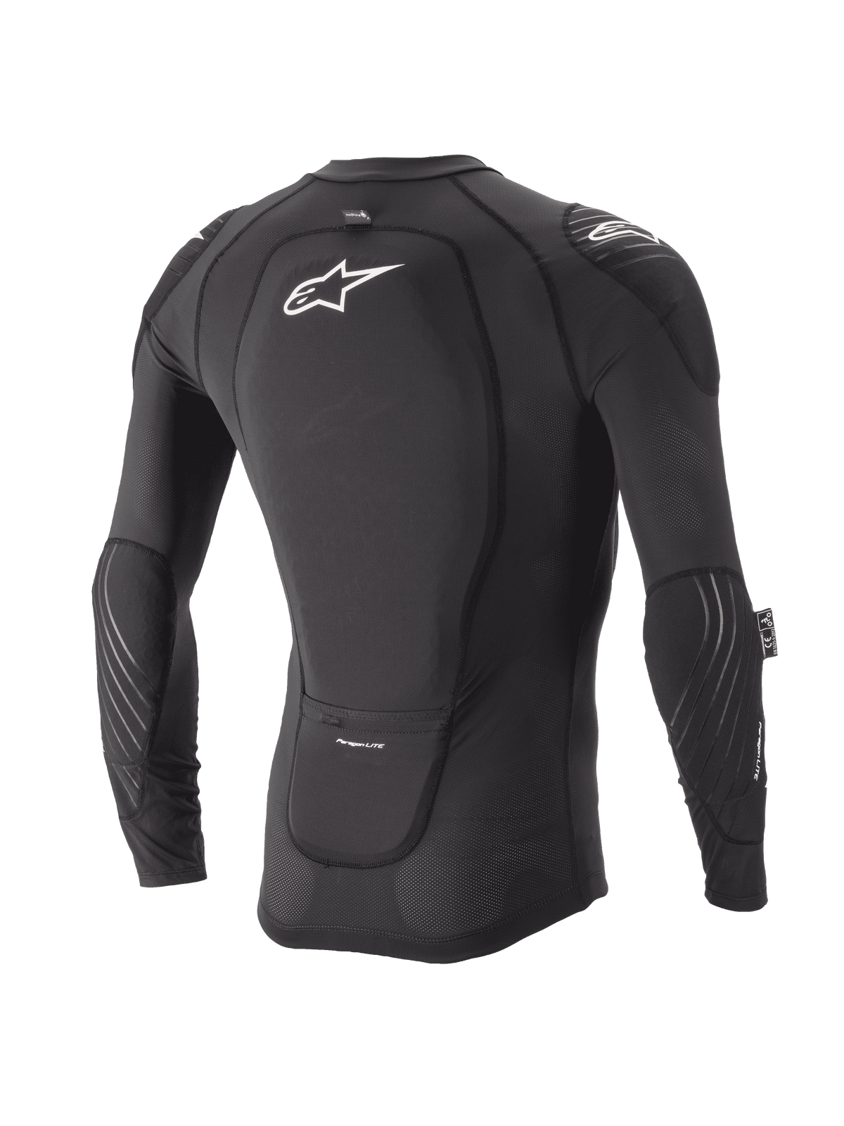 Casaco de Proteção Juvenil Alpinestars Paragon Lite, Manga Comprida, Preto, vista traseira com protetor de costas integrado e logótipo branco, mangas em malha respirável com acolchoamento nos cotovelos, proteção de corpo leve para MTB
