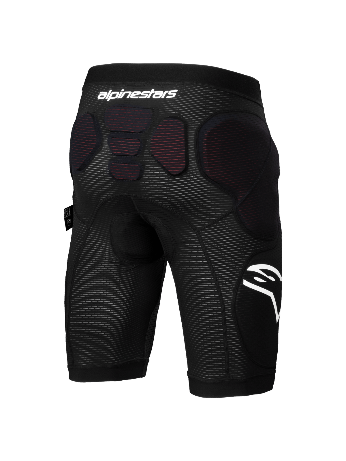 Calções de Proteção Alpinestars A-Impact Plasma, calções de proteção para BTT, preto e branco, vista traseira com acolchoamento protetor integrado nas ancas e na zona inferior da coluna, tecido de malha respirável com logótipo Alpinestars em branco, concebidos para enduro e ciclismo de gravidade