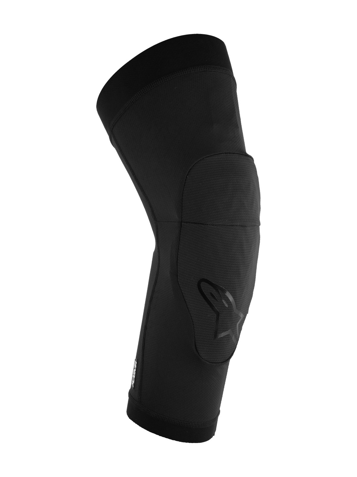 Alpinestars A-Motion Plasma Knee Sleeve, protetor de joelho para MTB, preto, design ergonómico pré-moldado com almofada de impacto Nucleon Plasma, tecido de malha elástica respirável com logótipo Alpinestars no joelho, proteção slip-on para mountain biking