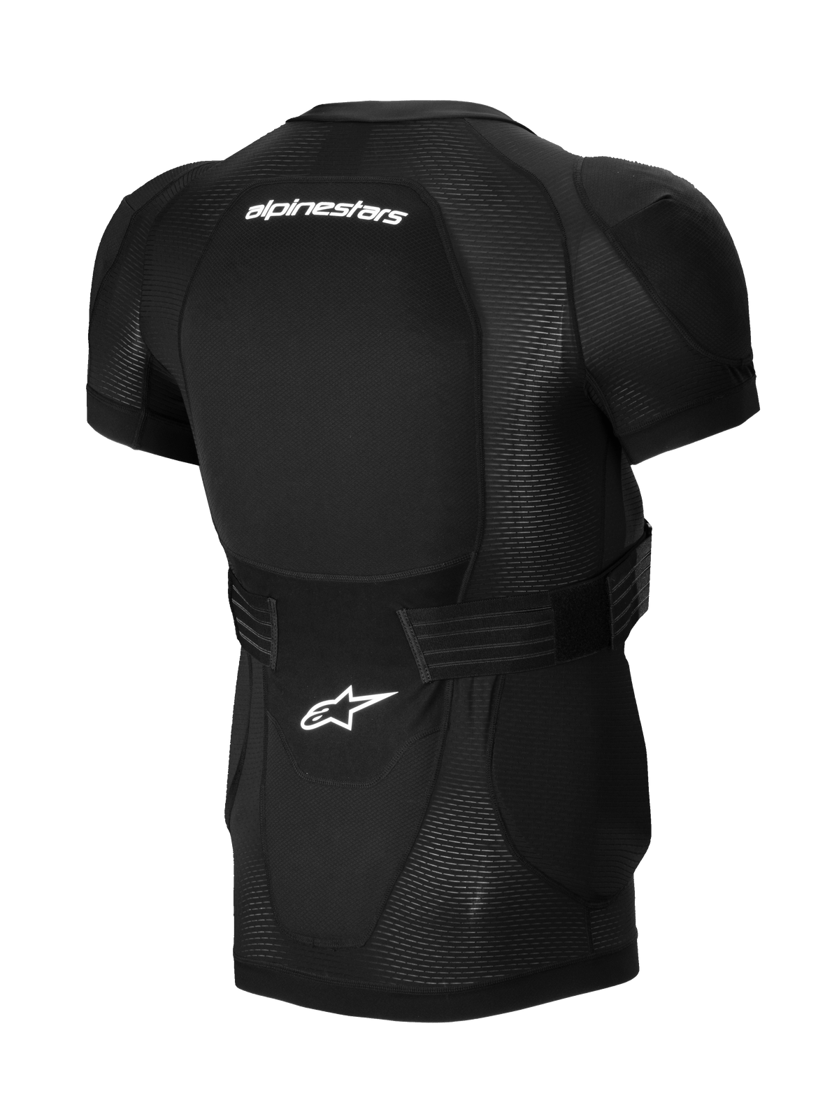 Alpinestars A-Impact Plasma Protection Jacket - Manga Curta, preto, vista traseira com protetor de costas integrado, logótipo Alpinestars branco, cinta ajustável e construção em malha respirável para proteção de MTB