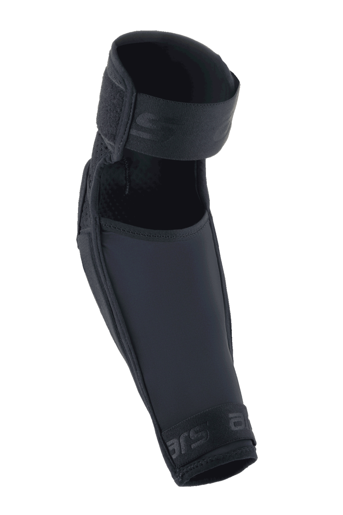 Alpinestars A-Impact Plasma Elite Elbow Protector, Black, featuring dual strap closure, pre-curved ergonomic design, mesh and ripstop textile construction, high-performance protection for mountain bike riding