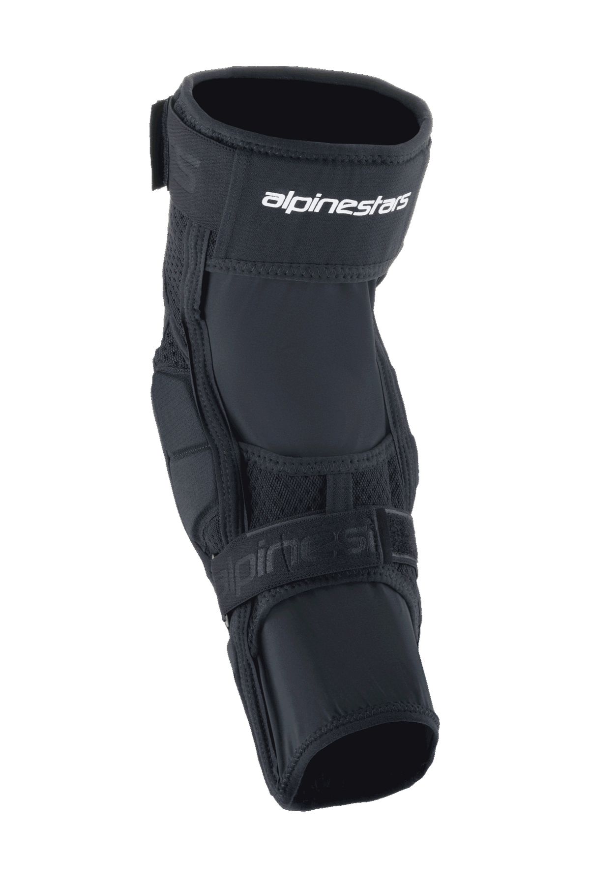 Alpinestars A-Impact Plasma Elite Knee Protector, protetor de joelho para ciclismo, preto e branco, com sistema de fecho de tira dupla e logótipo Alpinestars branco, painéis de malha e design ergonómico pré-curvado para proteção contra impactos em BTT