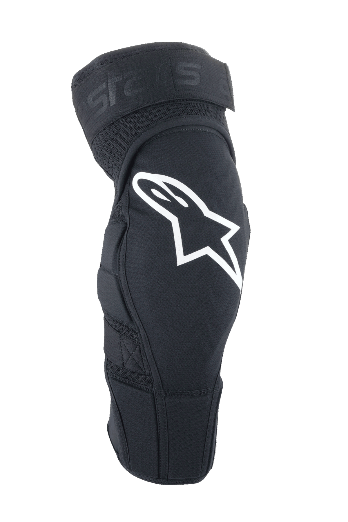 Alpinestars A-Impact Plasma Elite, joelheiras para MTB, pretas com logótipo Astar branco, design ergonómico pré-curvado com ventilação em malha, fecho de tira dupla ajustável