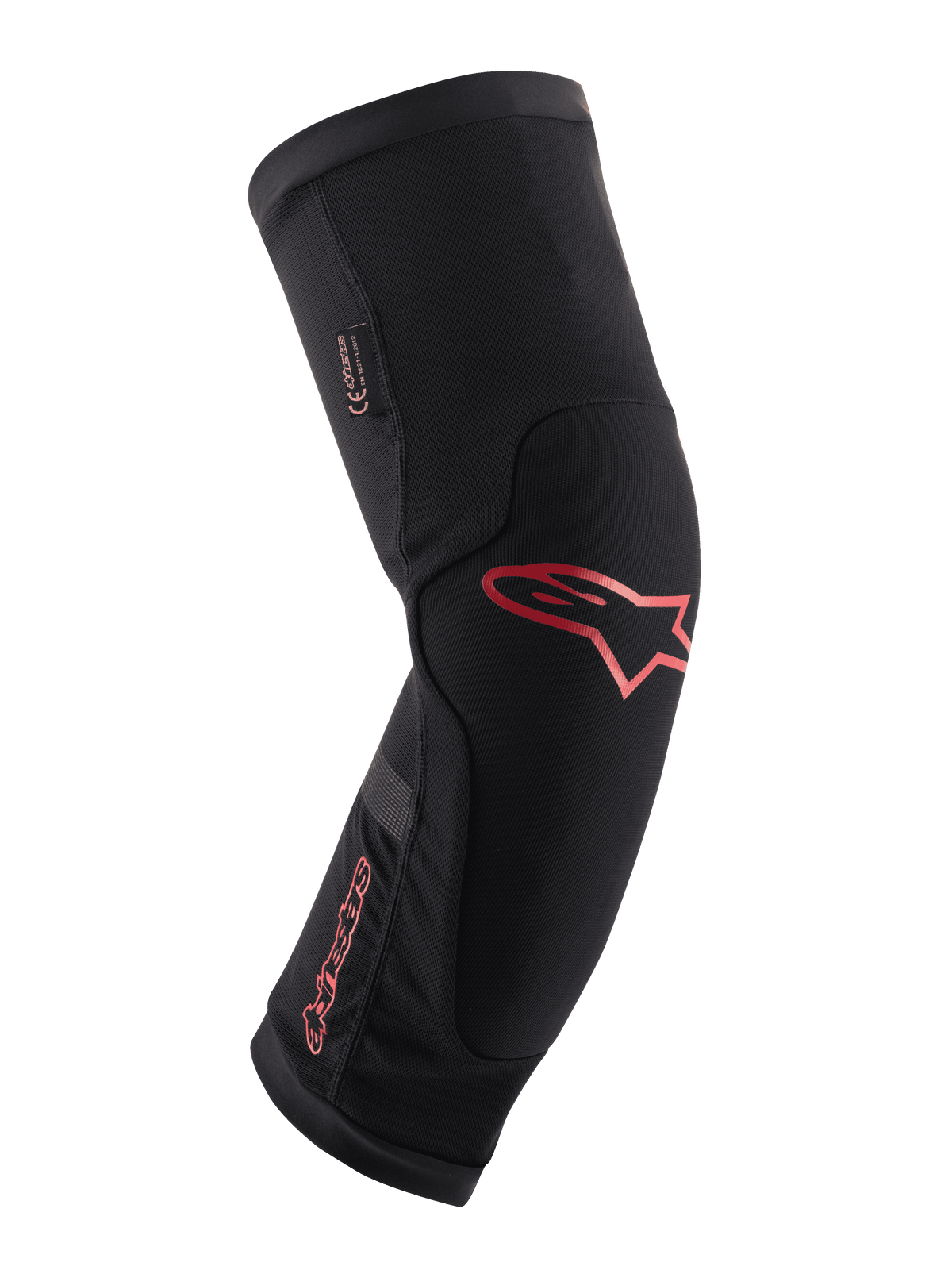 Protetor de Joelho Alpinestars Paragon Plus, preto com logótipo e marca nominativa Alpinestars em vermelho, design ergonómico de manga slip-on, tecido de malha respirável com painéis reforçados, equipamento de proteção para ciclismo de montanha